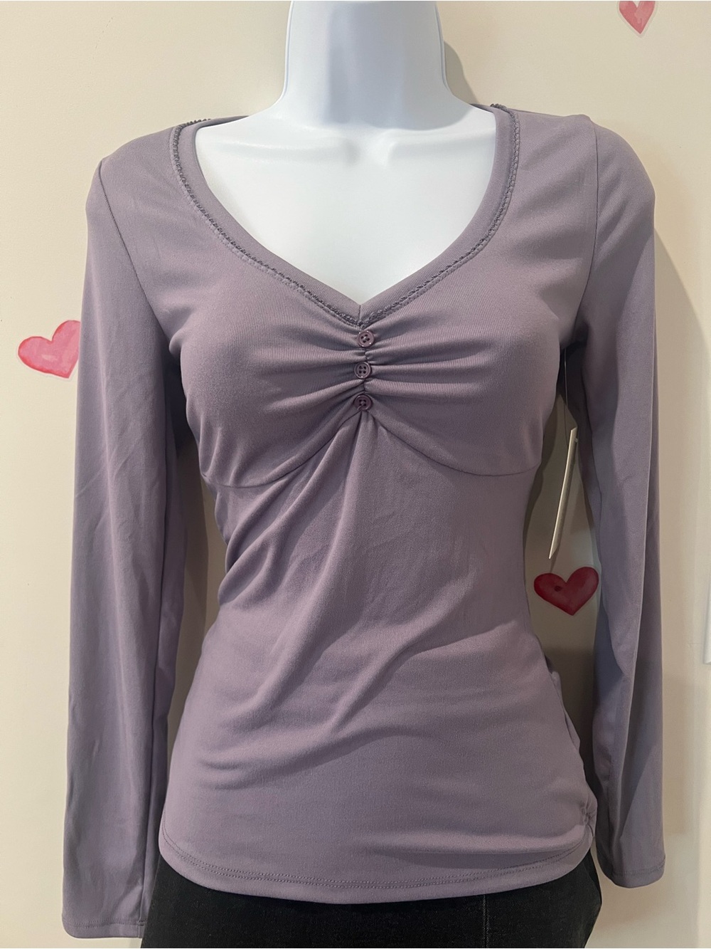 V-Neck Ruched Front Long-Sleeve Top - Dusty Lavender